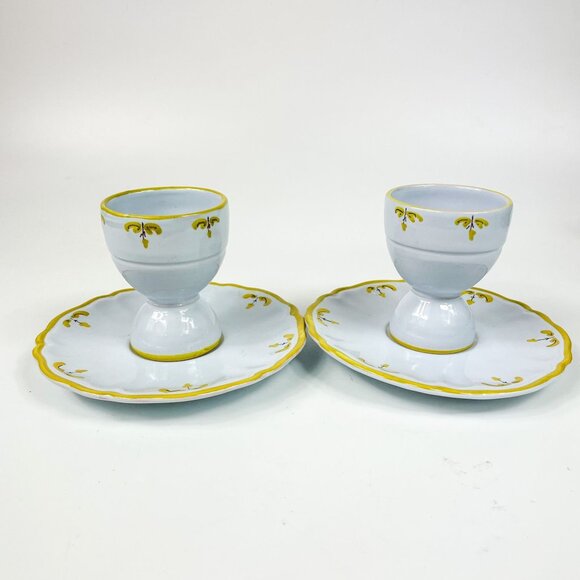 Cantagalli Florence Italy Double Egg Cups With Plates Set Of 2 Ceramic Ivy Vine - Picture 4 of 7